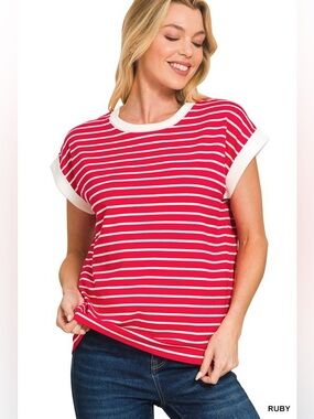 Zenana Red & White Contrast Trim Cap Sleeve Stripe Tee